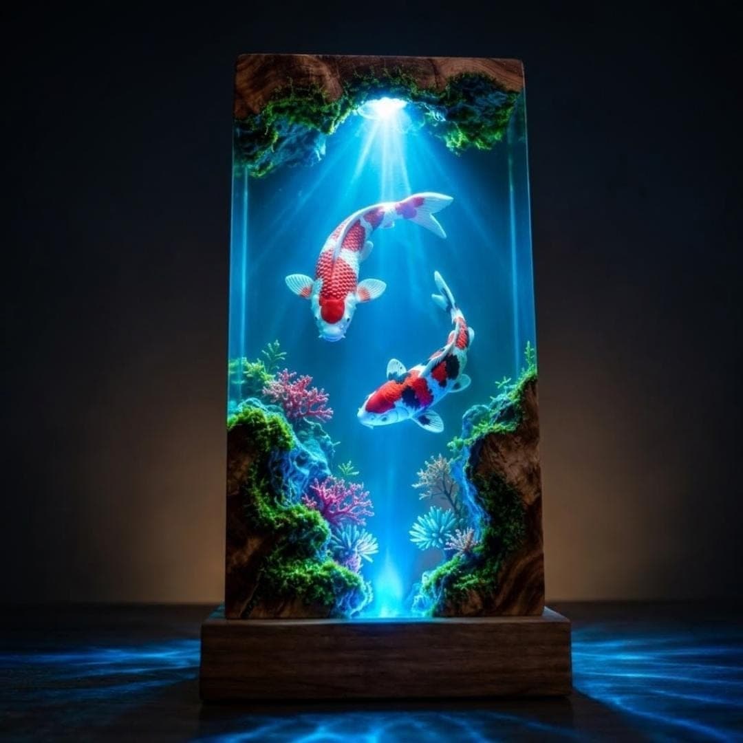 Twin Koi Fish Epoxy Resin Lamp with Underwater Wood Diorama