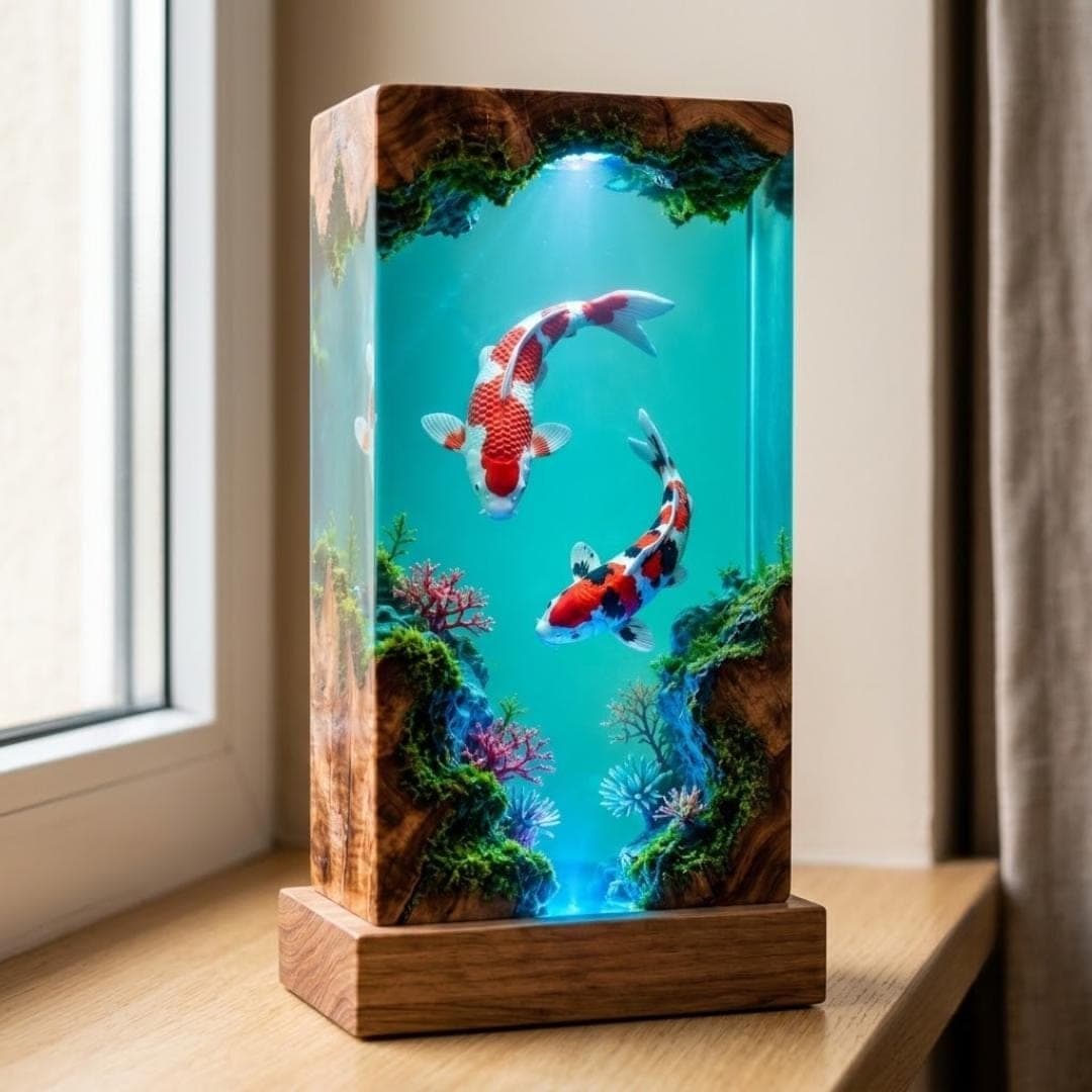 Twin Koi Fish Epoxy Resin Lamp with Underwater Wood Diorama