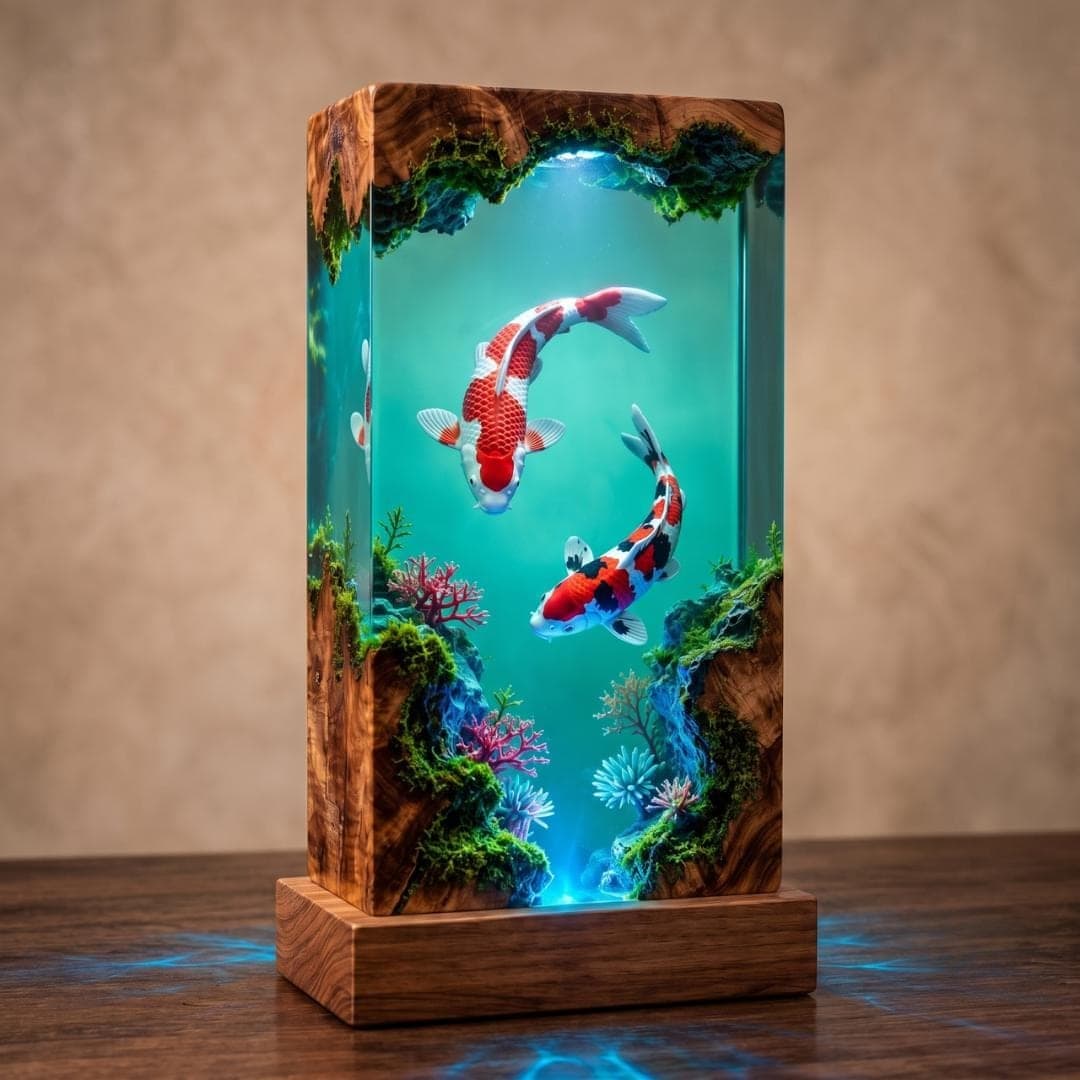 Twin Koi Fish Epoxy Resin Lamp with Underwater Wood Diorama