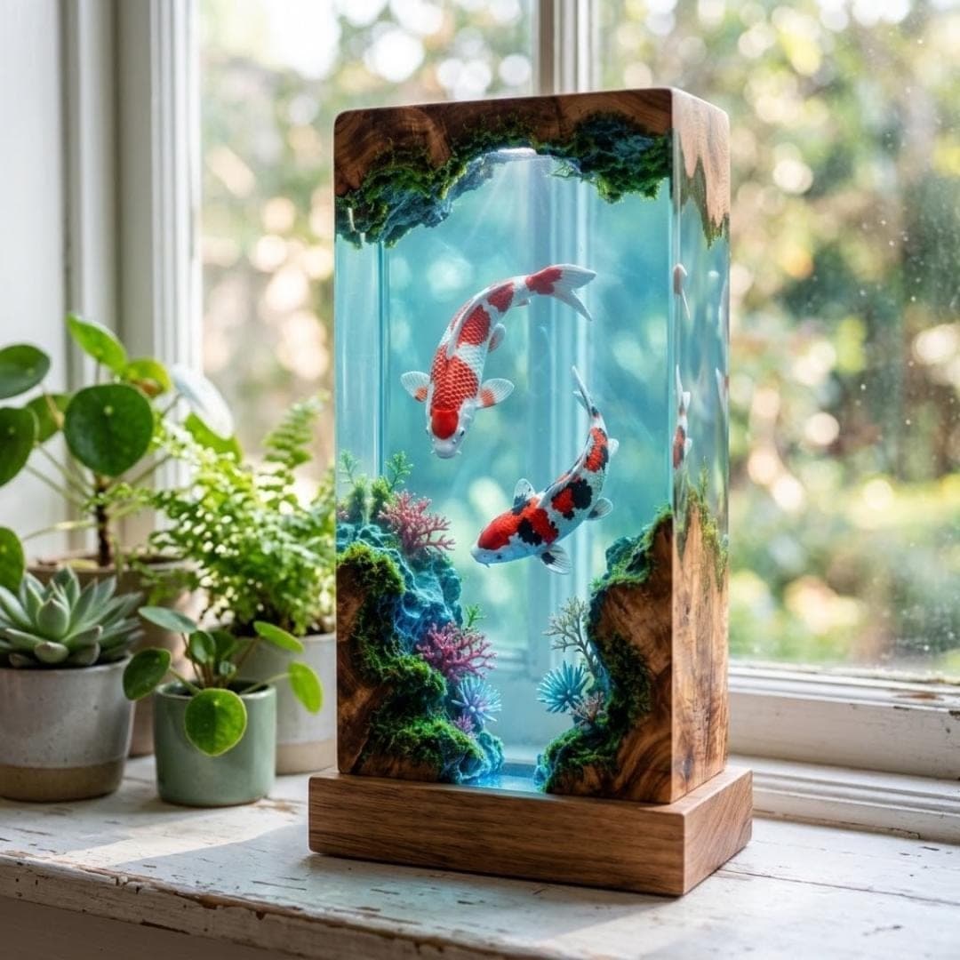 Twin Koi Fish Epoxy Resin Lamp with Underwater Wood Diorama
