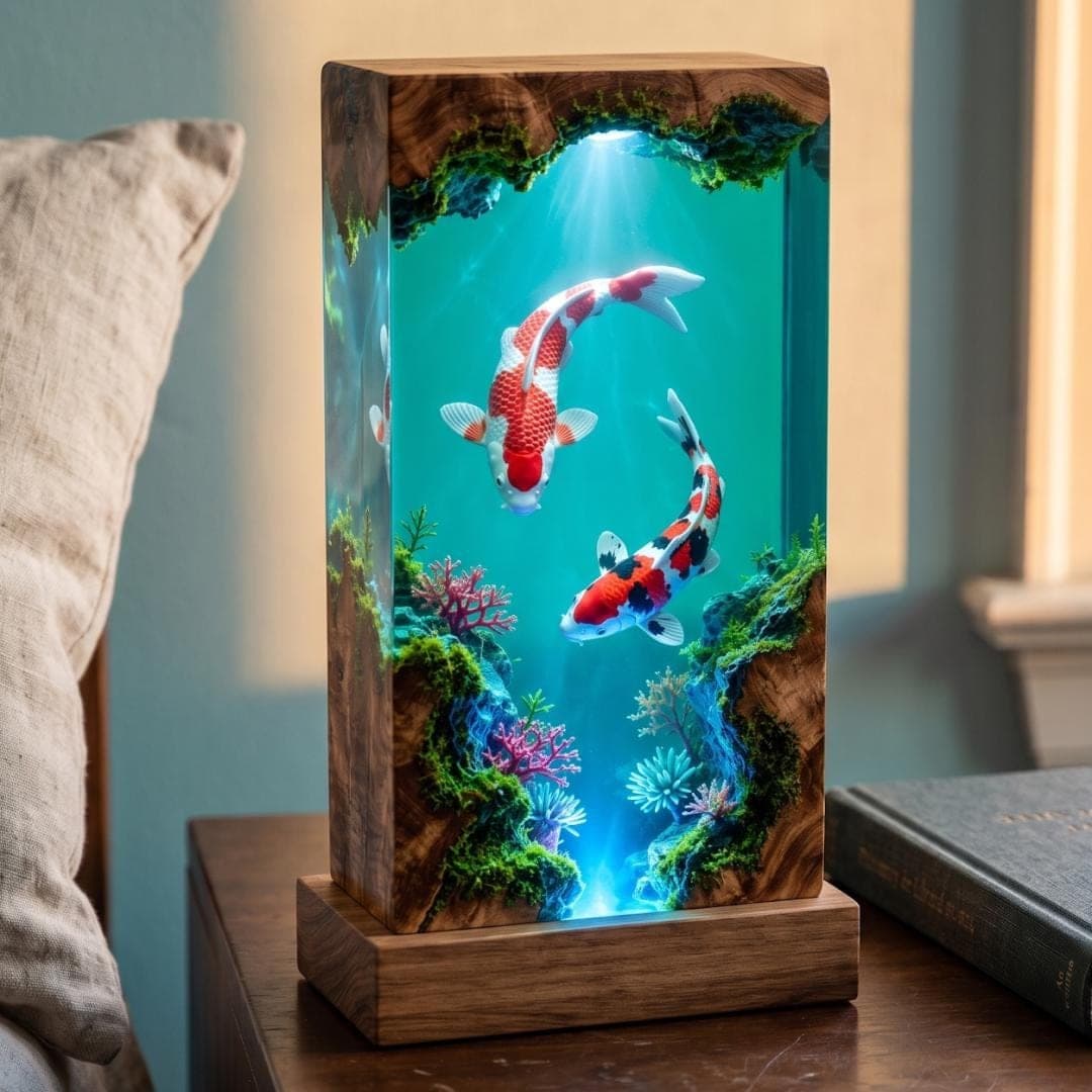 Twin Koi Fish Epoxy Resin Lamp with Underwater Wood Diorama