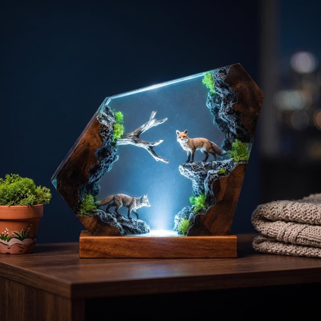 Red Fox Forest Diorama Resin Night Light