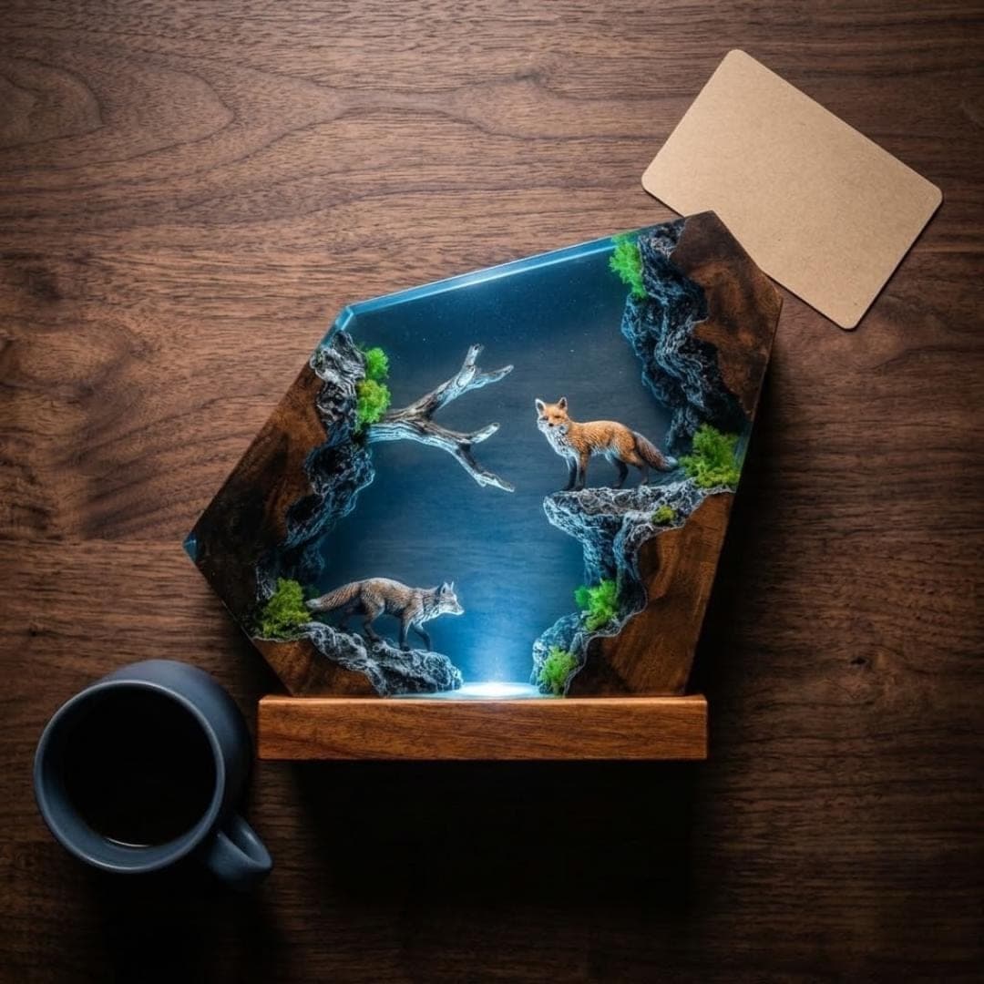 Red Fox Forest Diorama Resin Night Light