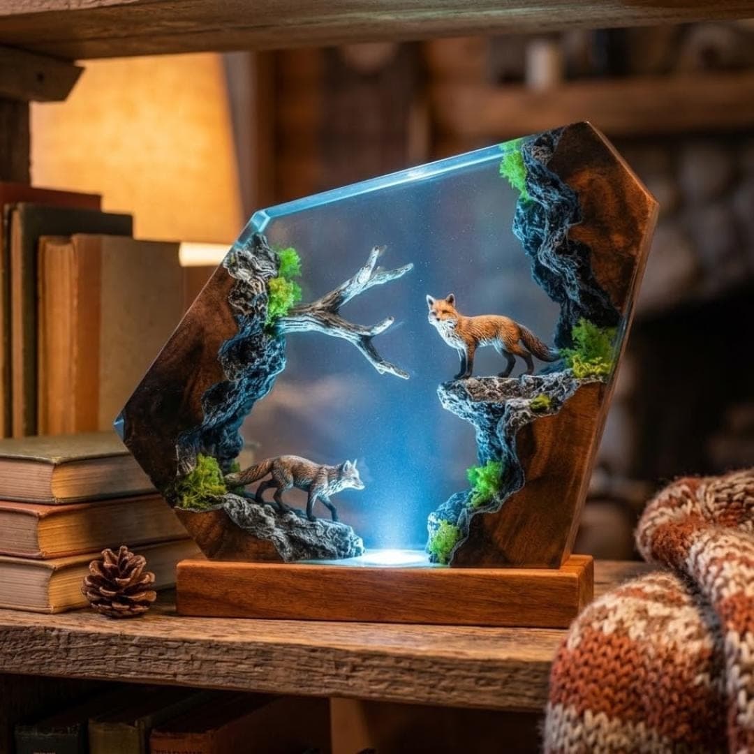 Red Fox Forest Diorama Resin Night Light
