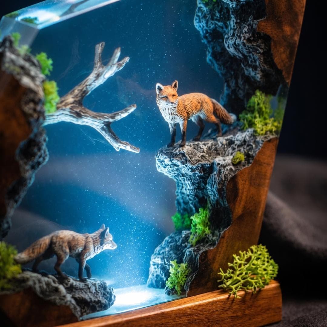 Red Fox Forest Diorama Resin Night Light