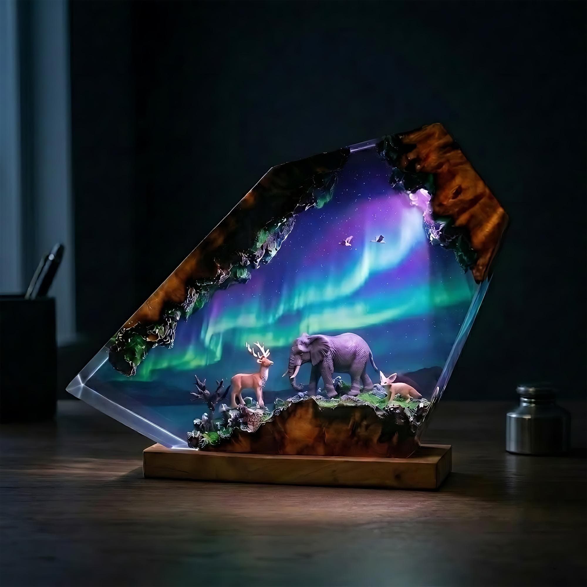 Northern Lights Wildlife Diorama Resin Night Light