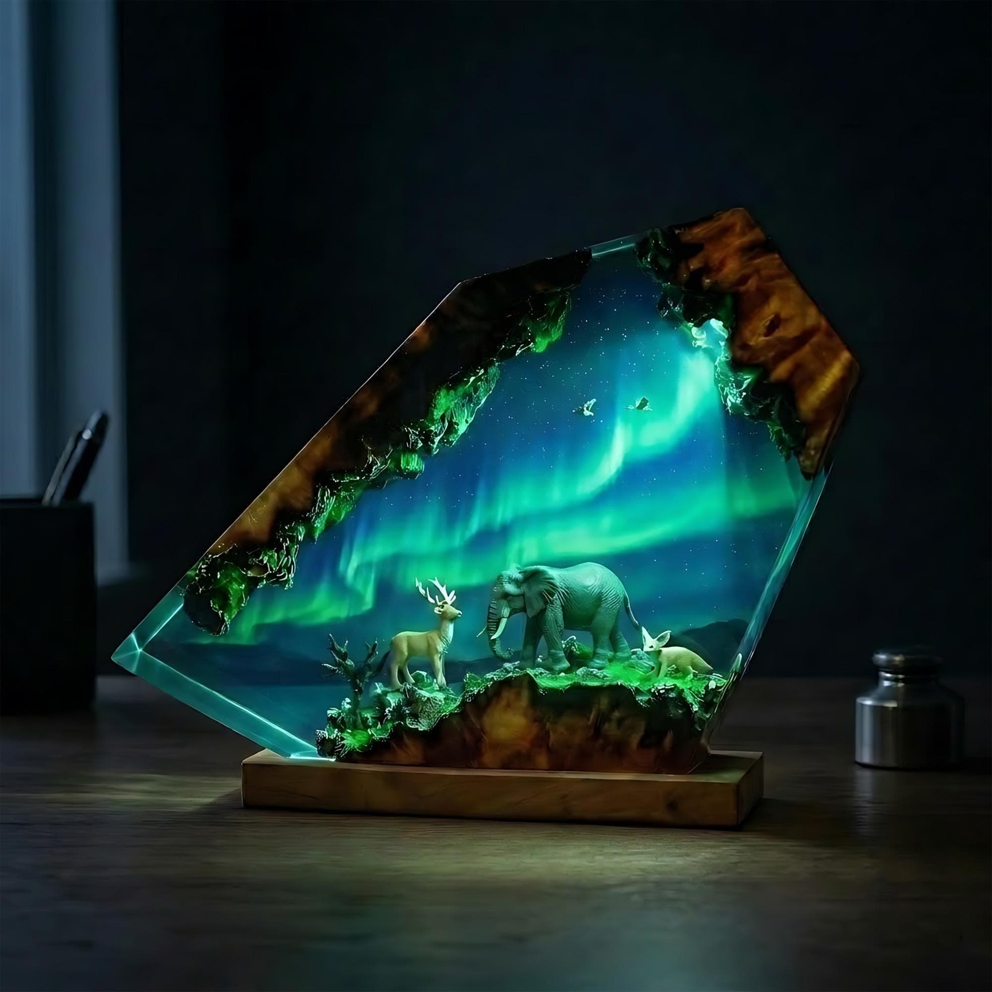 Northern Lights Wildlife Diorama Resin Night Light