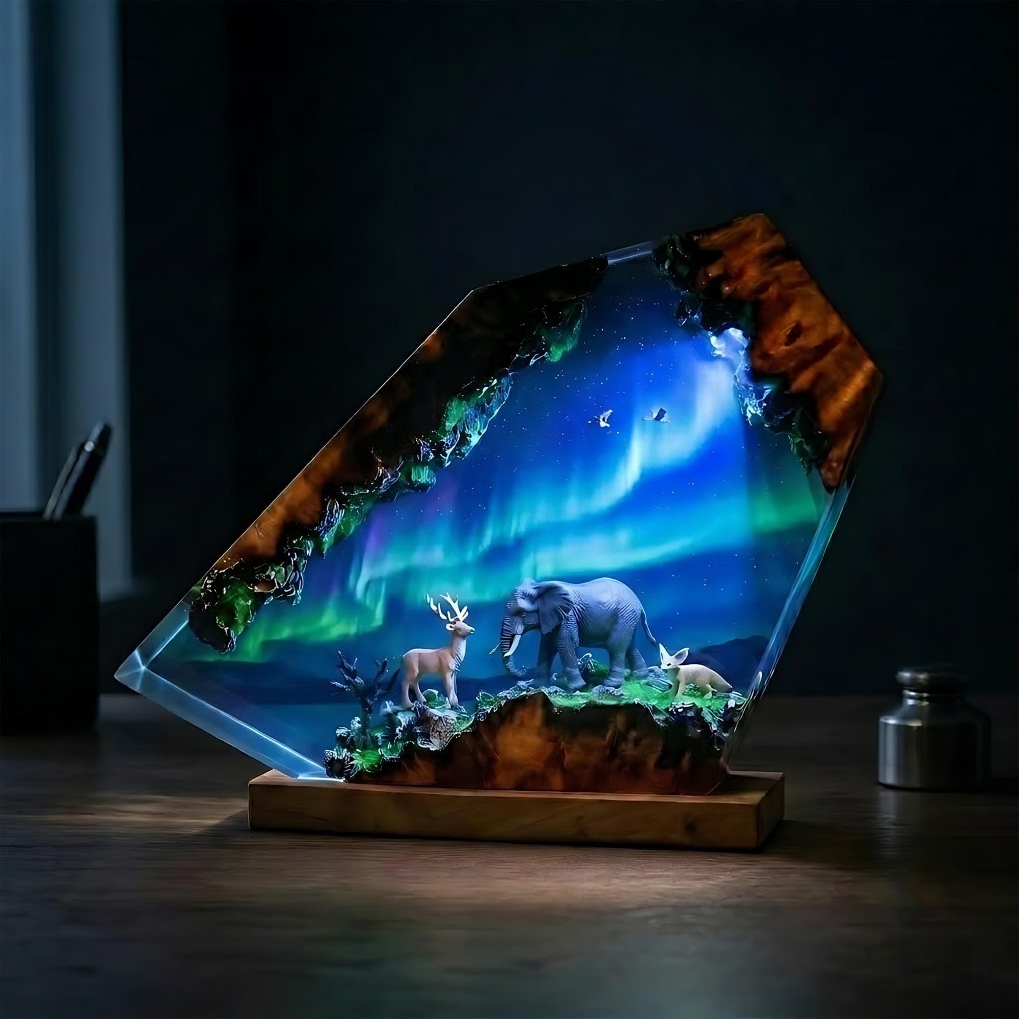 Northern Lights Wildlife Diorama Resin Night Light