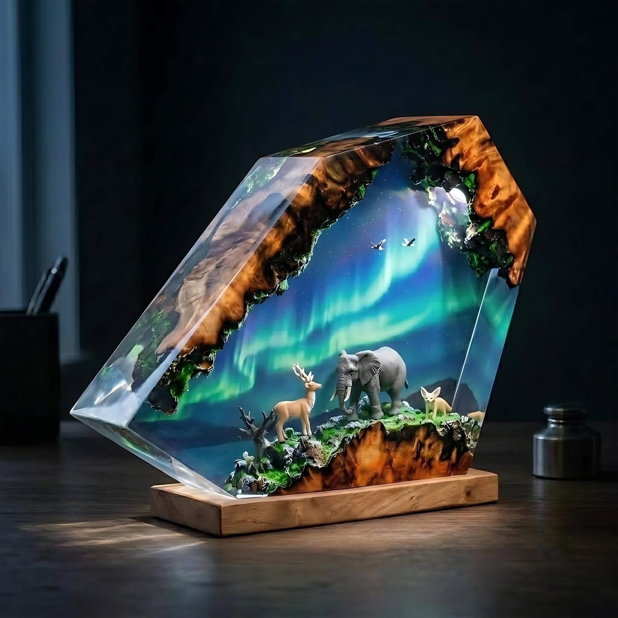 Northern Lights Wildlife Diorama Resin Night Light