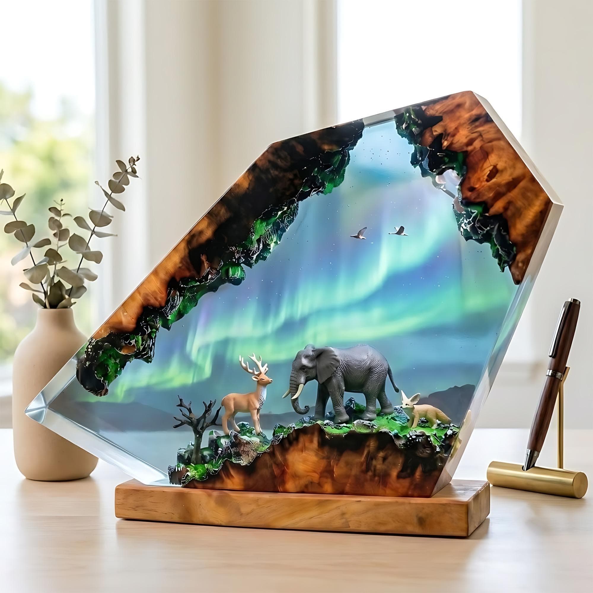 Northern Lights Wildlife Diorama Resin Night Light