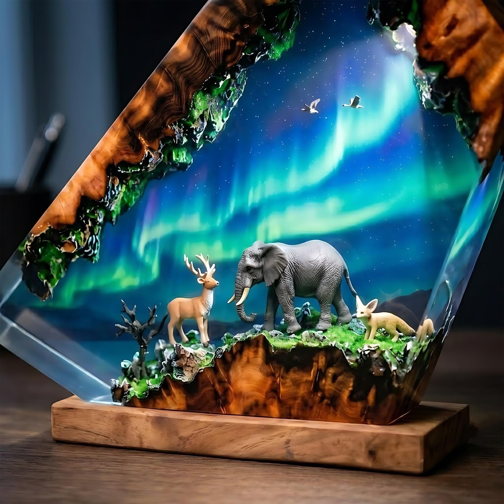 Northern Lights Wildlife Diorama Resin Night Light