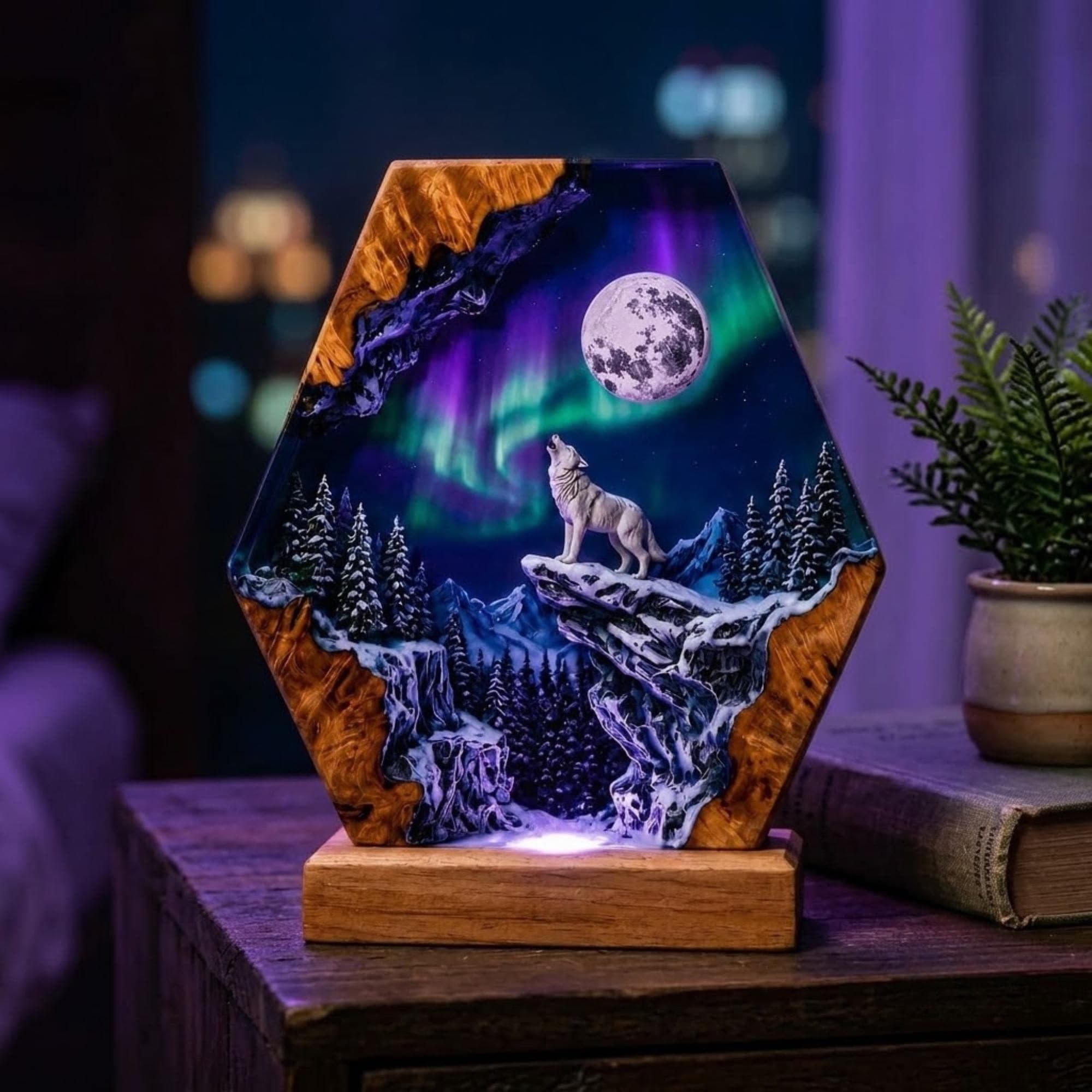 Handmade Wolf Aurora Borealis Epoxy Resin Night Light