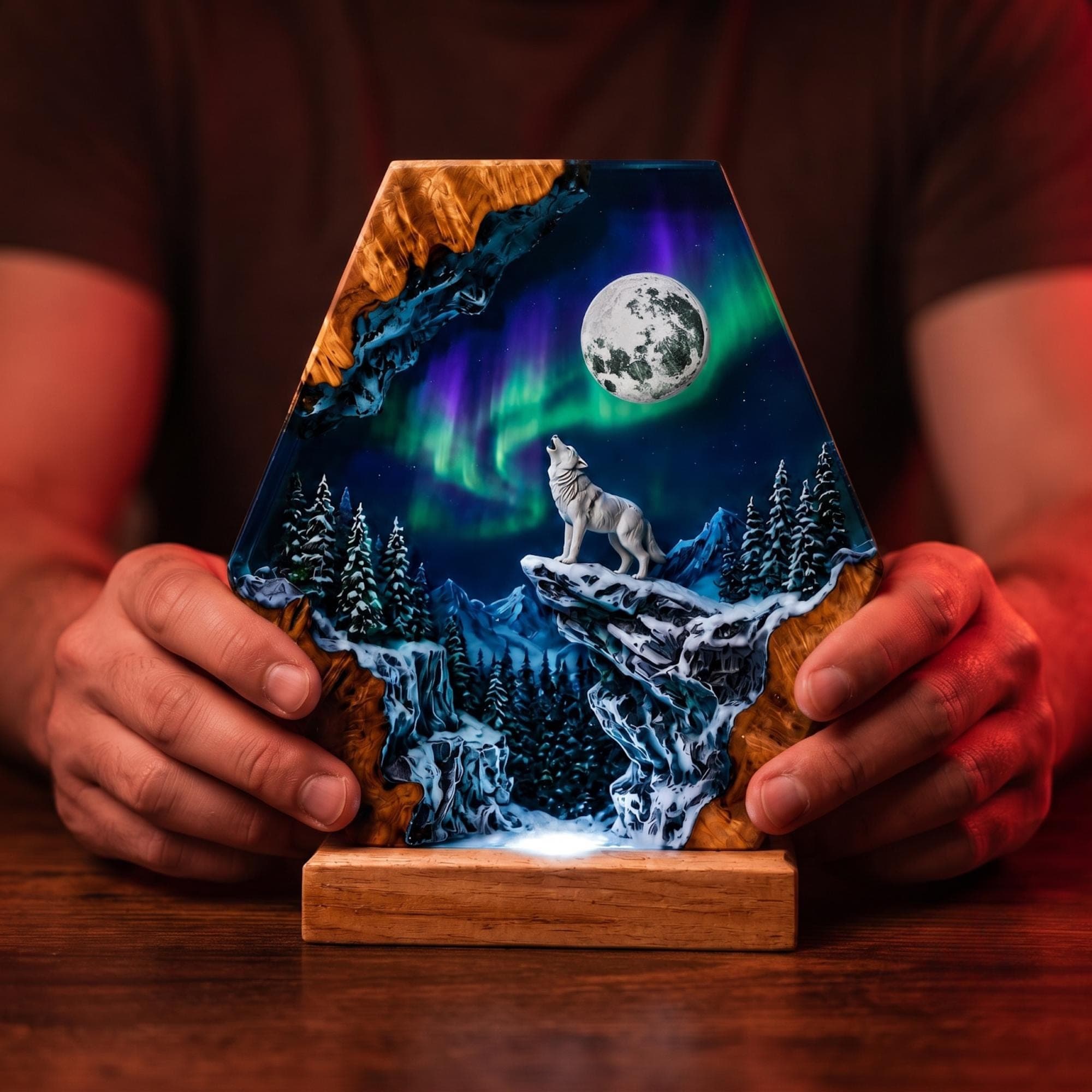 Handmade Wolf Aurora Borealis Epoxy Resin Night Light