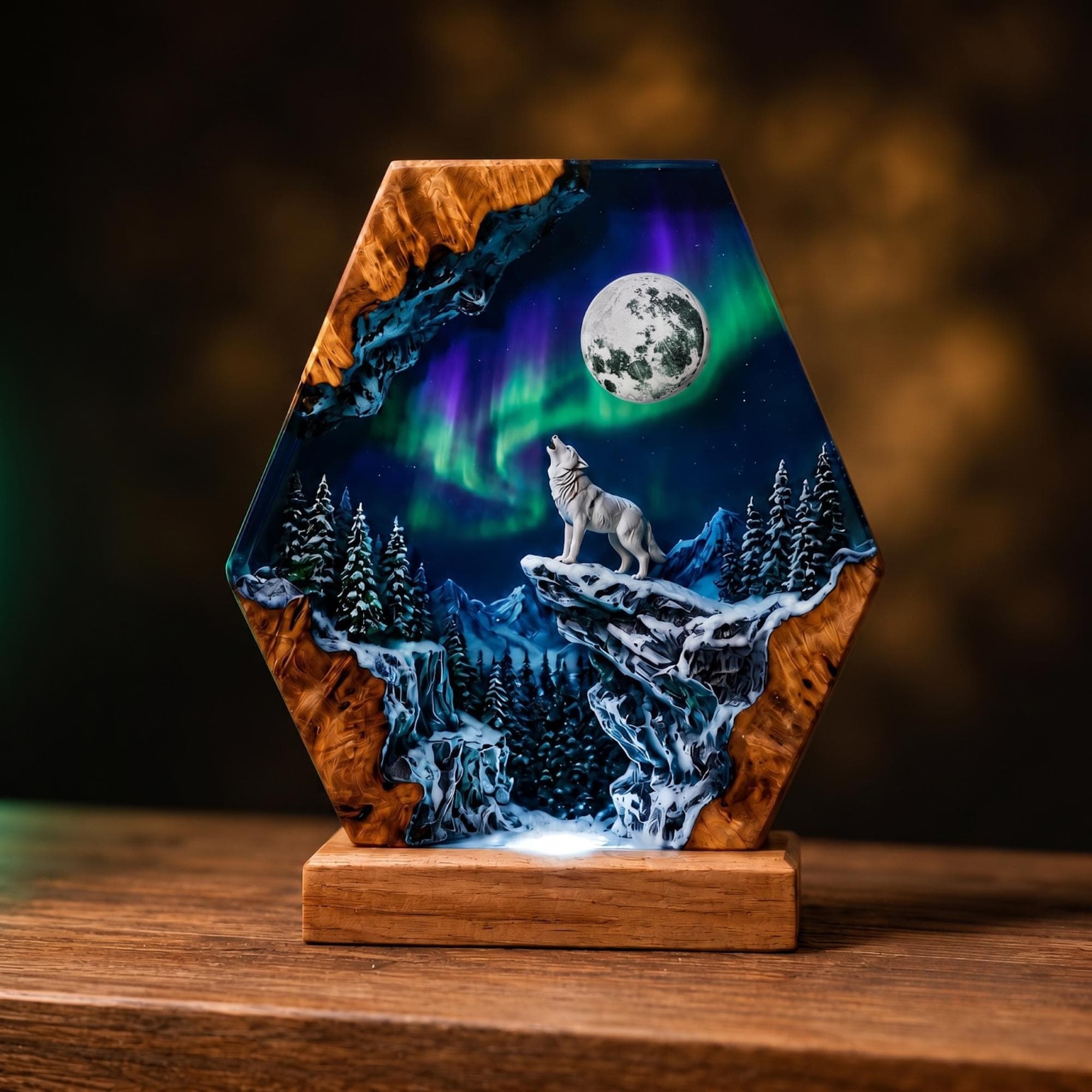Handmade Wolf Aurora Borealis Epoxy Resin Night Light