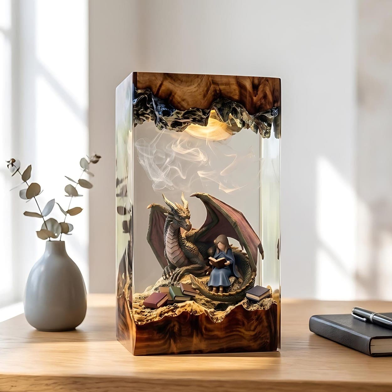 Dragon & Reading Girl Resin Lamp