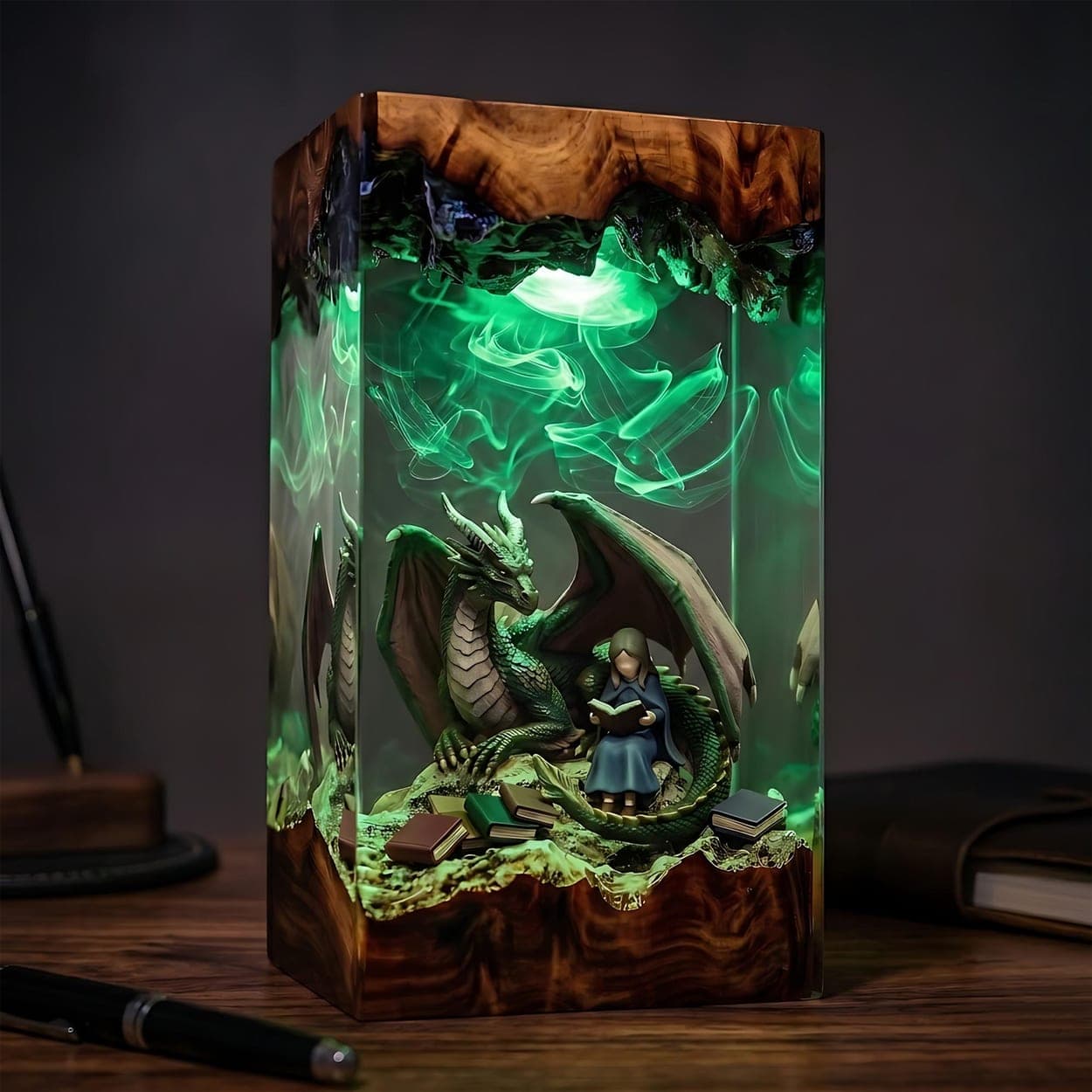 Dragon & Reading Girl Resin Lamp