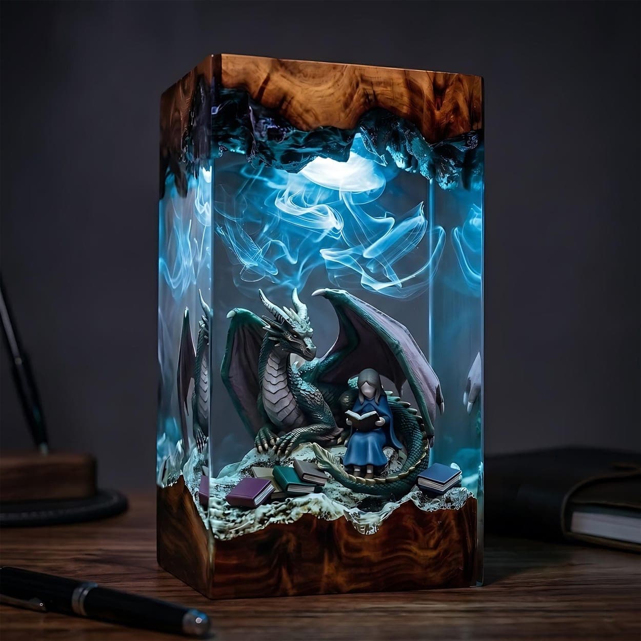 Dragon & Reading Girl Resin Lamp