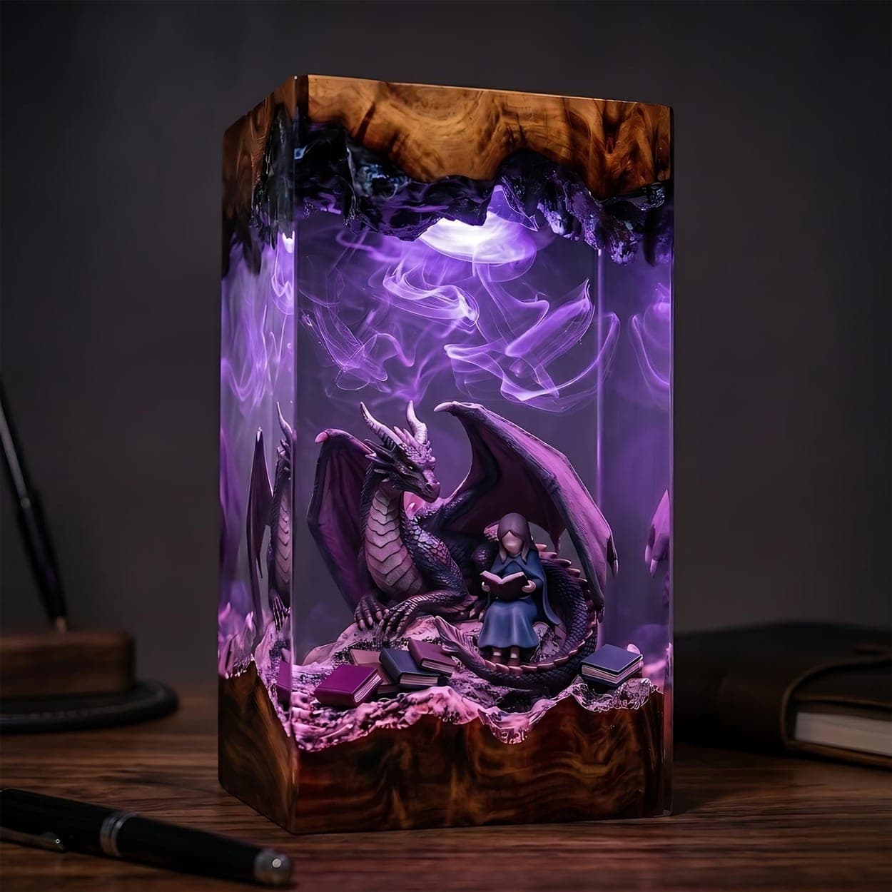 Dragon & Reading Girl Resin Lamp