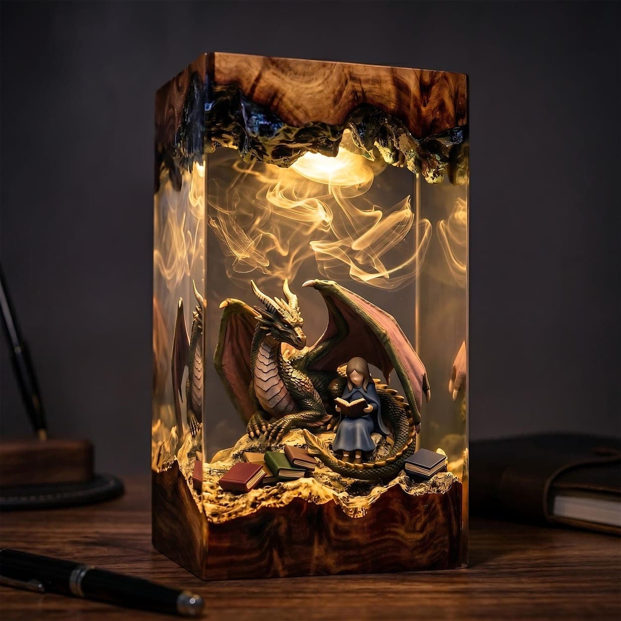 Dragon & Reading Girl Resin Lamp