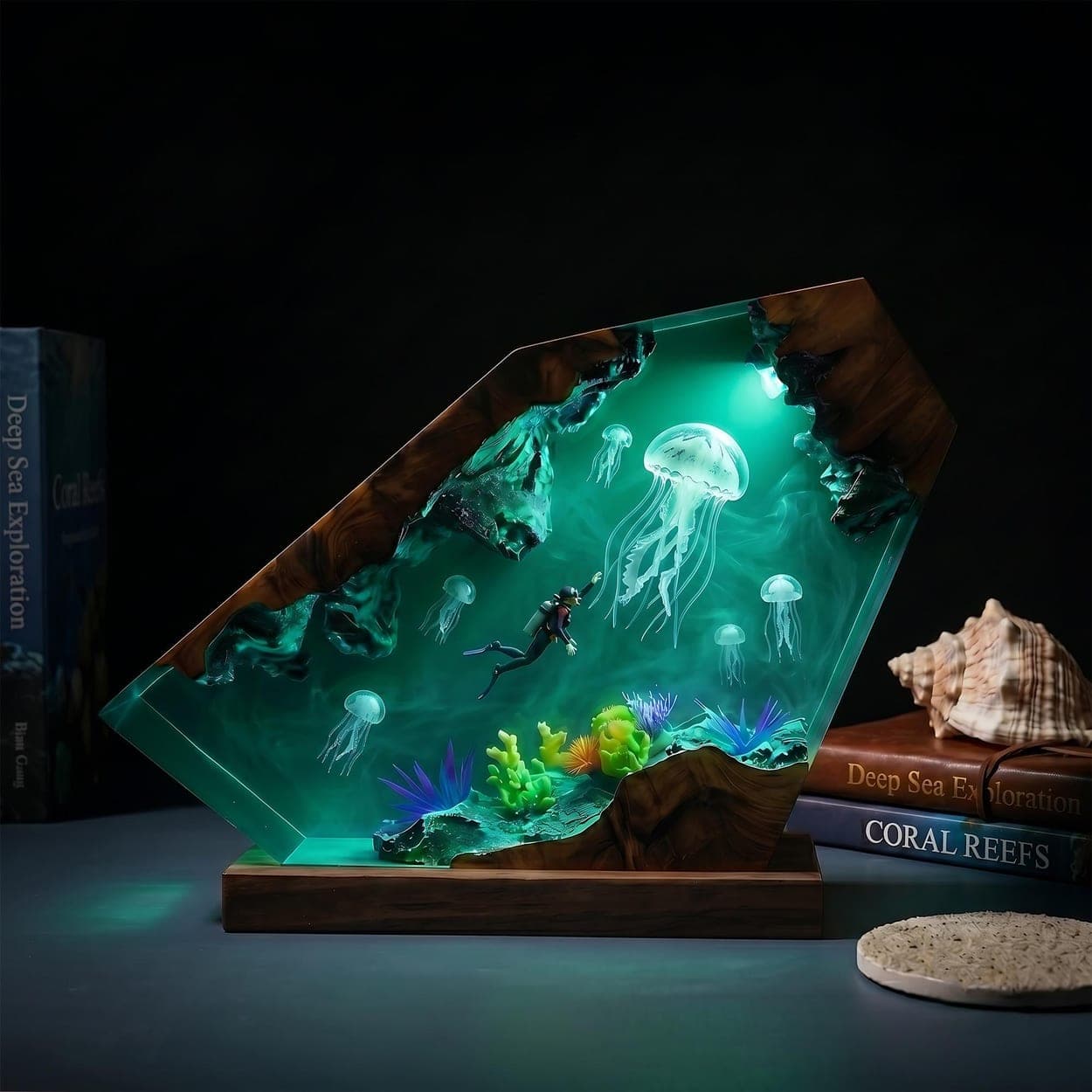 Diver and Giant Jellyfish Wood Epoxy Resin Lamp