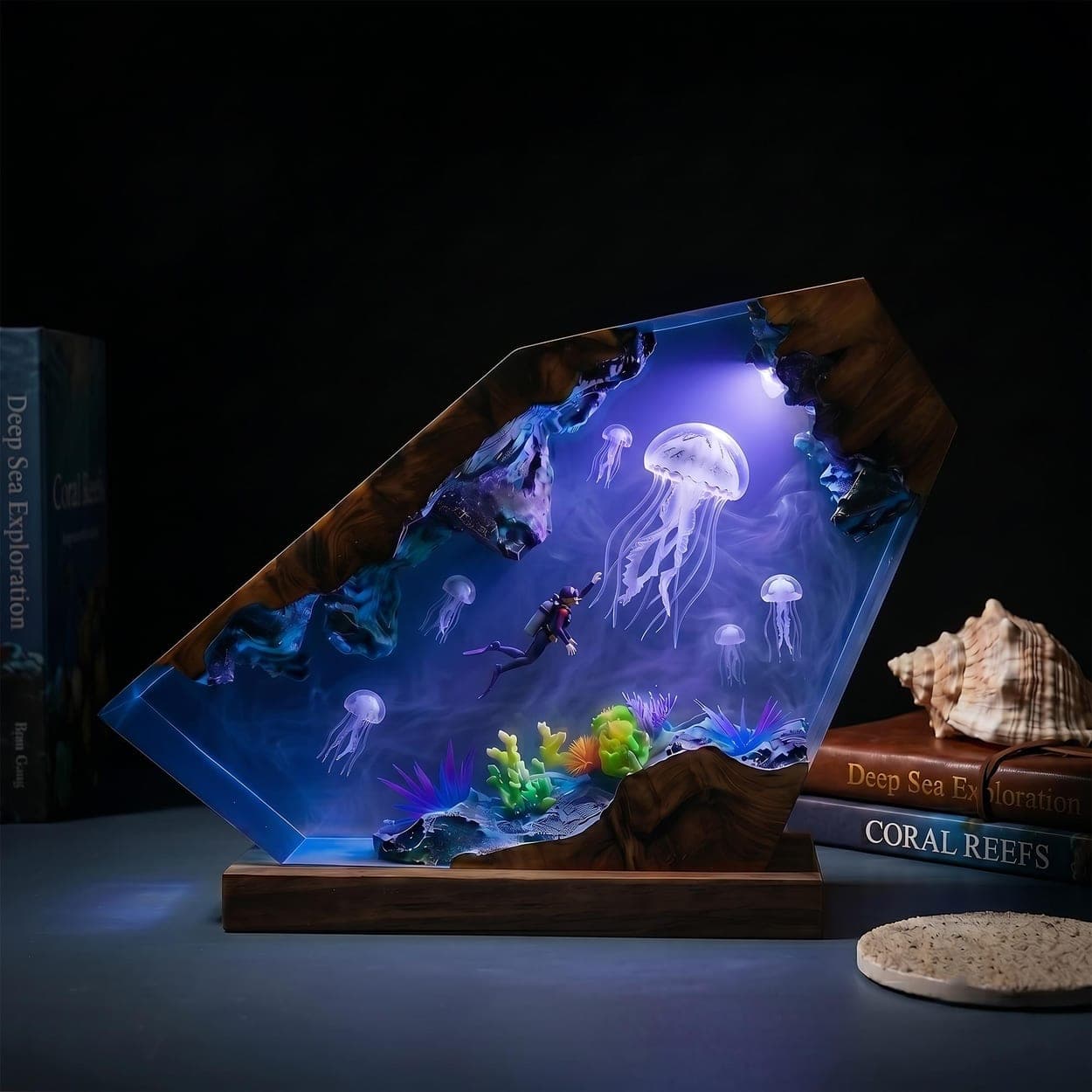 Diver and Giant Jellyfish Wood Epoxy Resin Lamp