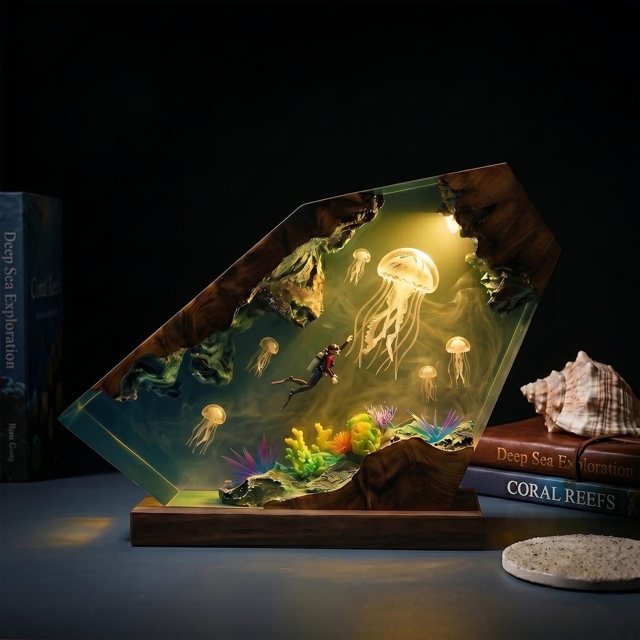 Diver and Giant Jellyfish Wood Epoxy Resin Lamp