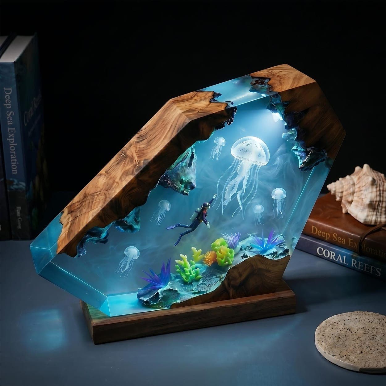 Diver and Giant Jellyfish Wood Epoxy Resin Lamp