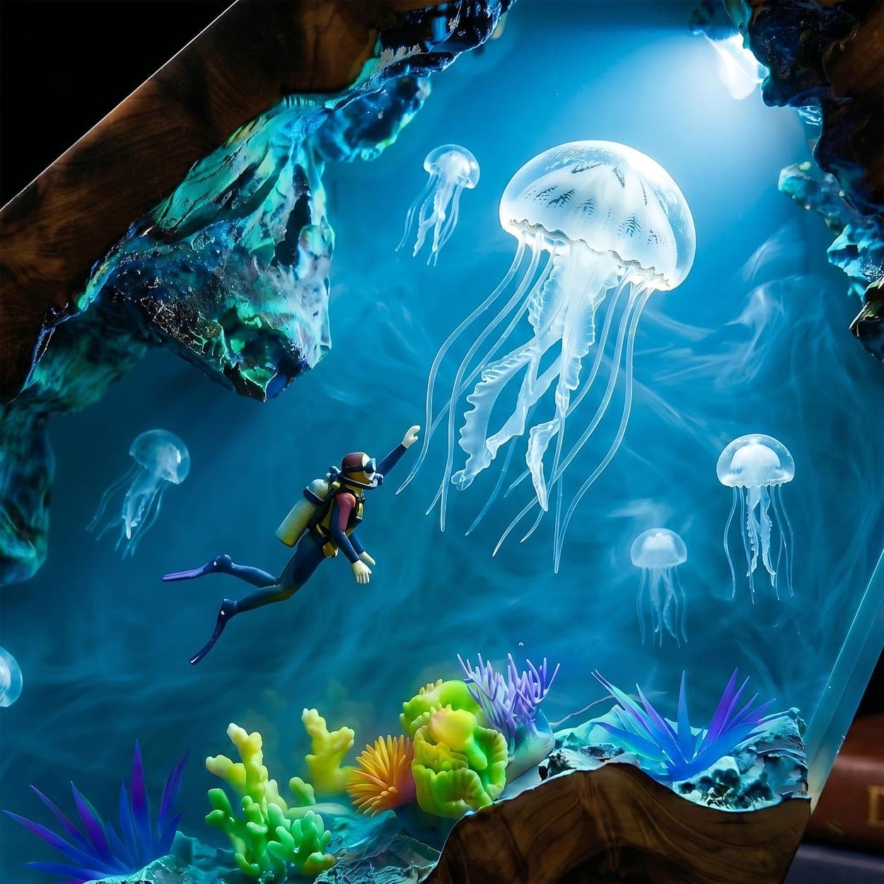 Diver and Giant Jellyfish Wood Epoxy Resin Lamp