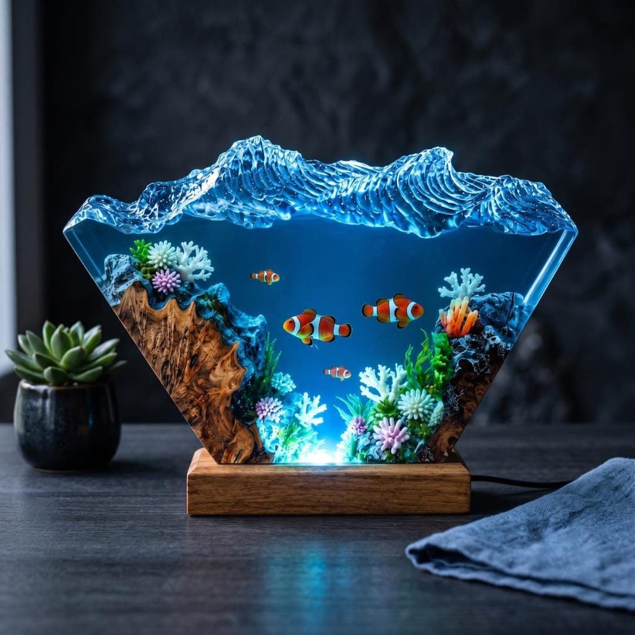 Clownfish Coral Reef Epoxy Resin Ocean Wave Night Light