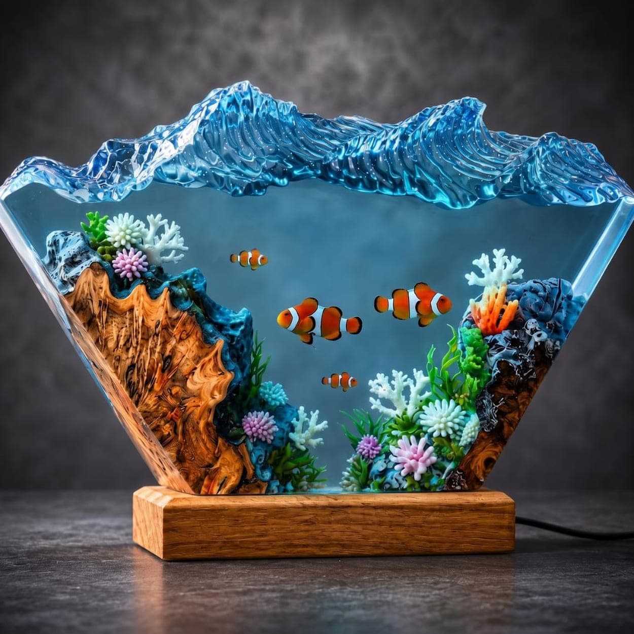 Clownfish Coral Reef Epoxy Resin Ocean Wave Night Light