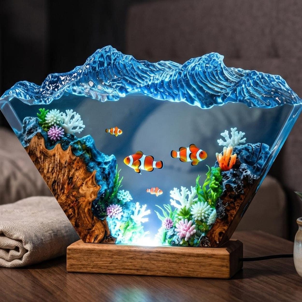 Clownfish Coral Reef Epoxy Resin Ocean Wave Night Light