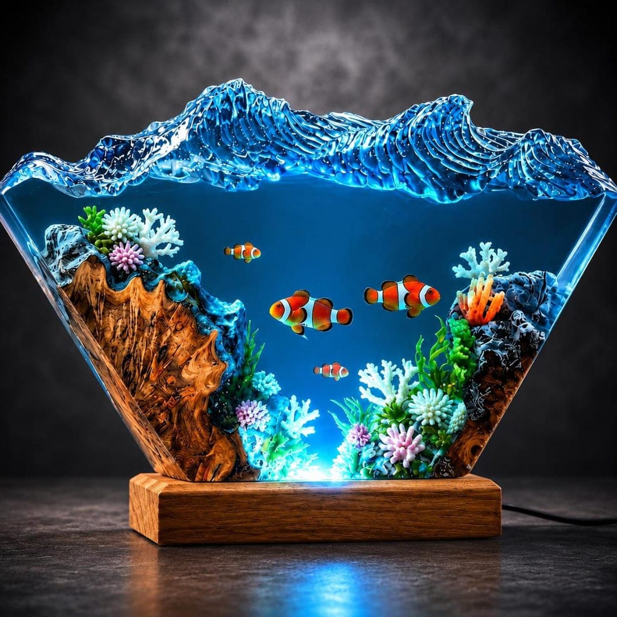 Clownfish Coral Reef Epoxy Resin Ocean Wave Night Light