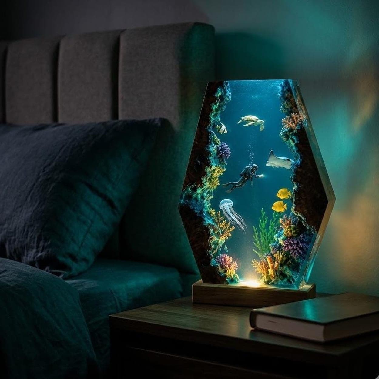 Deep Sea Diver and Marine Life Hexagonal Epoxy Resin Lamp