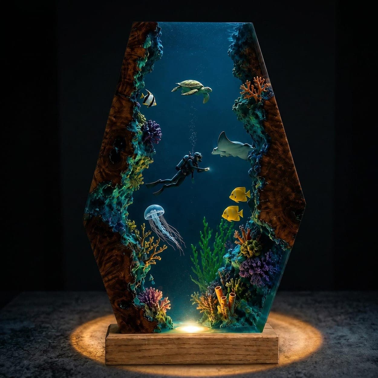 Deep Sea Diver and Marine Life Hexagonal Epoxy Resin Lamp