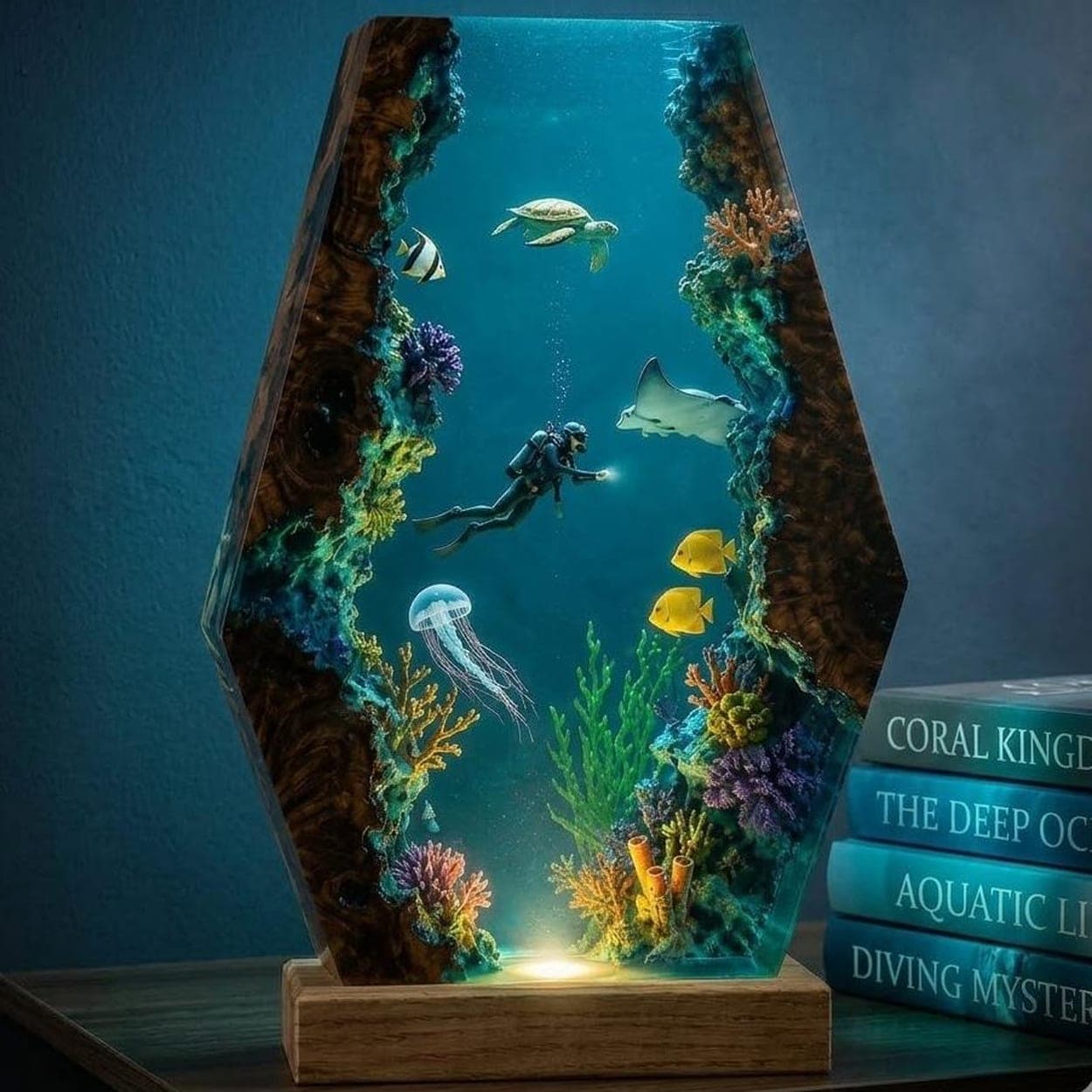 Deep Sea Diver and Marine Life Hexagonal Epoxy Resin Lamp