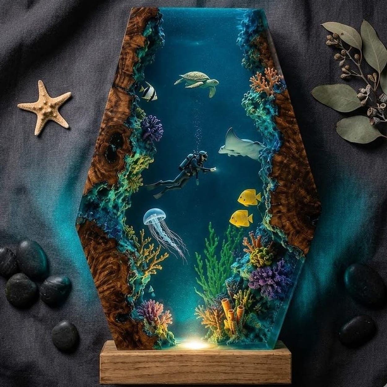 Deep Sea Diver and Marine Life Hexagonal Epoxy Resin Lamp