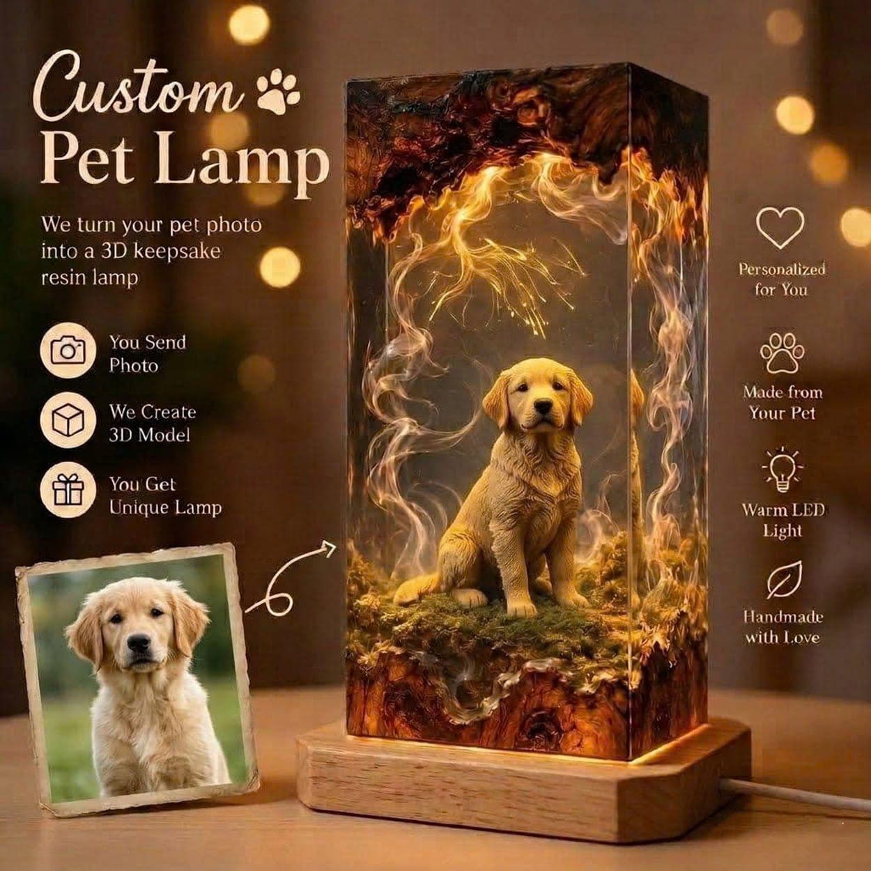 Custom 3D Pet Portrait Epoxy Resin Lamp
