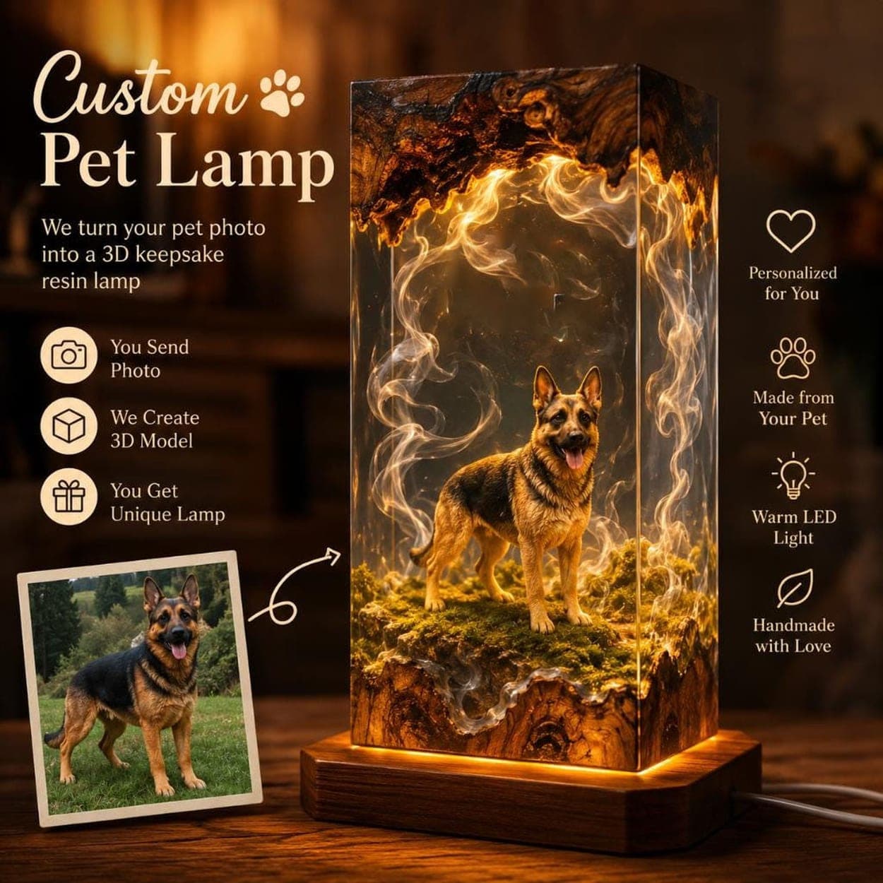 Custom 3D Pet Portrait Epoxy Resin Lamp