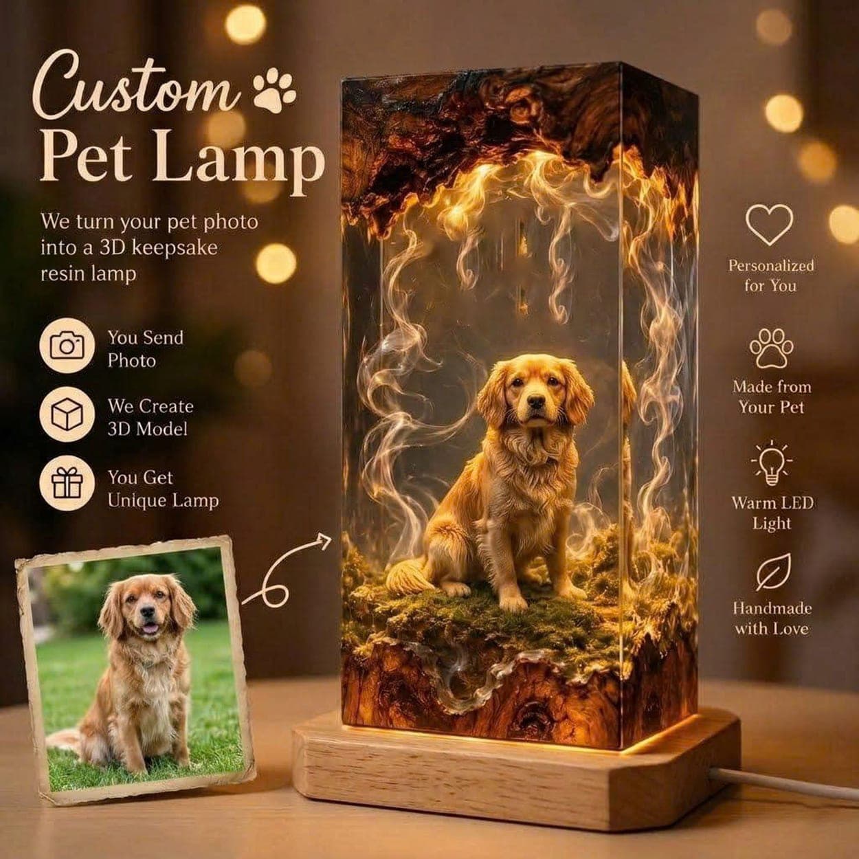 Custom 3D Pet Portrait Epoxy Resin Lamp