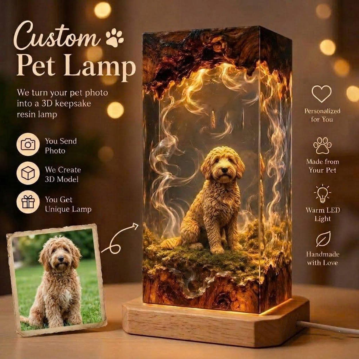 Custom 3D Pet Portrait Epoxy Resin Lamp