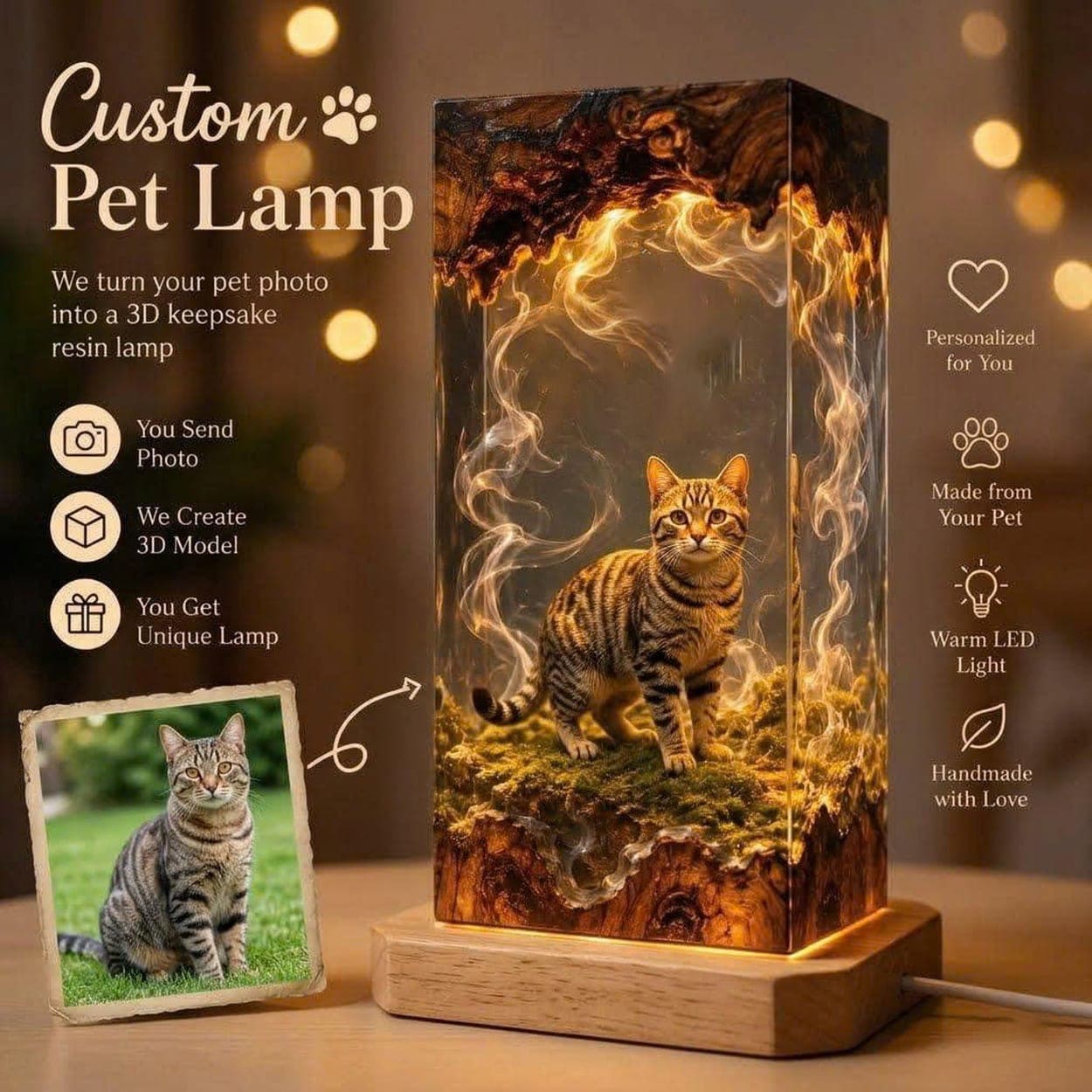 Custom 3D Pet Portrait Epoxy Resin Lamp