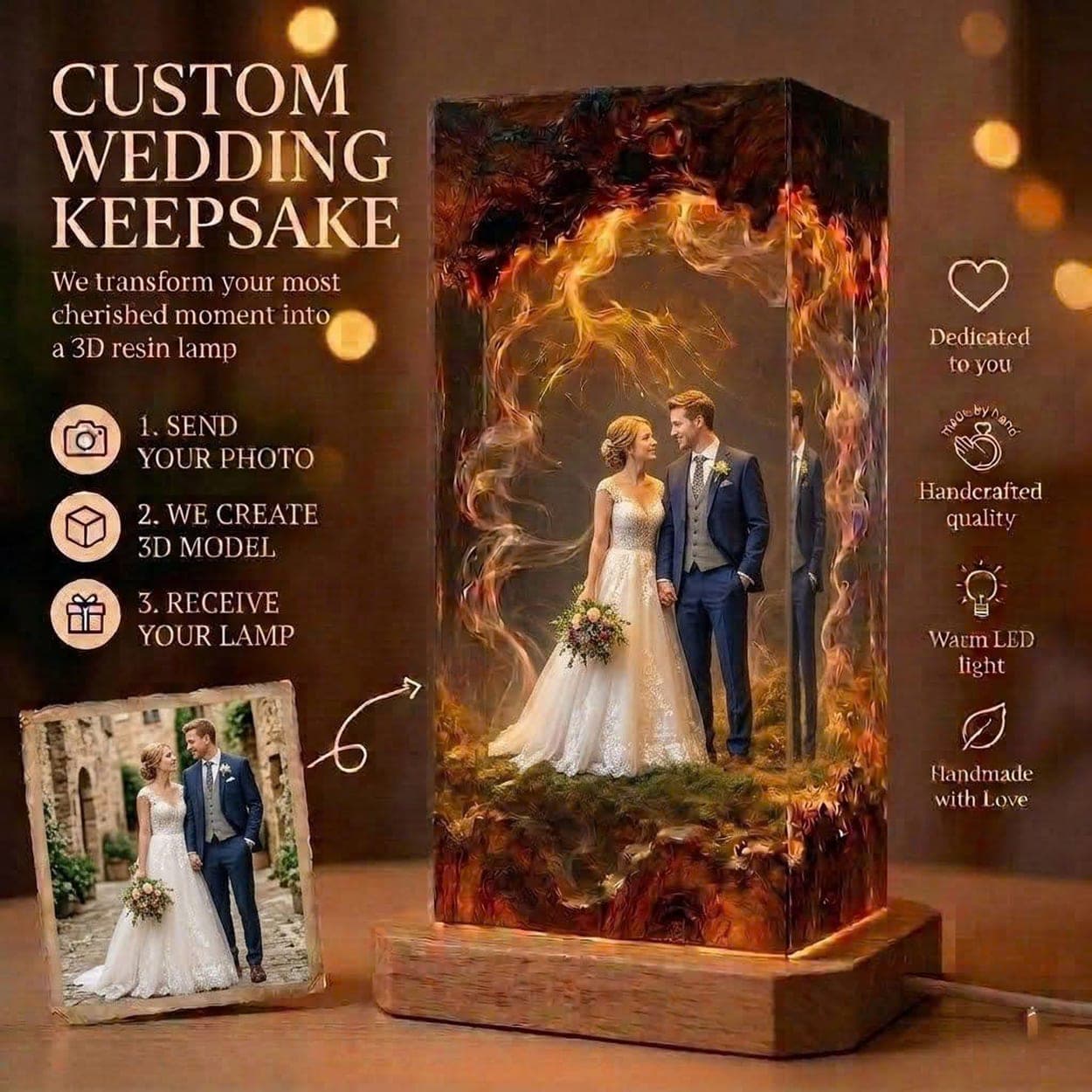 Custom 3D Wedding Photo Resin Lamp - Personalized Anniversary Keepsake