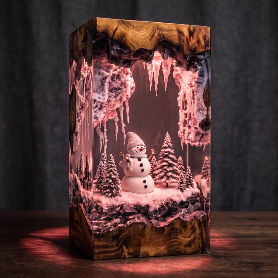 Handmade Snowman Winter Cave Resin Night Light
