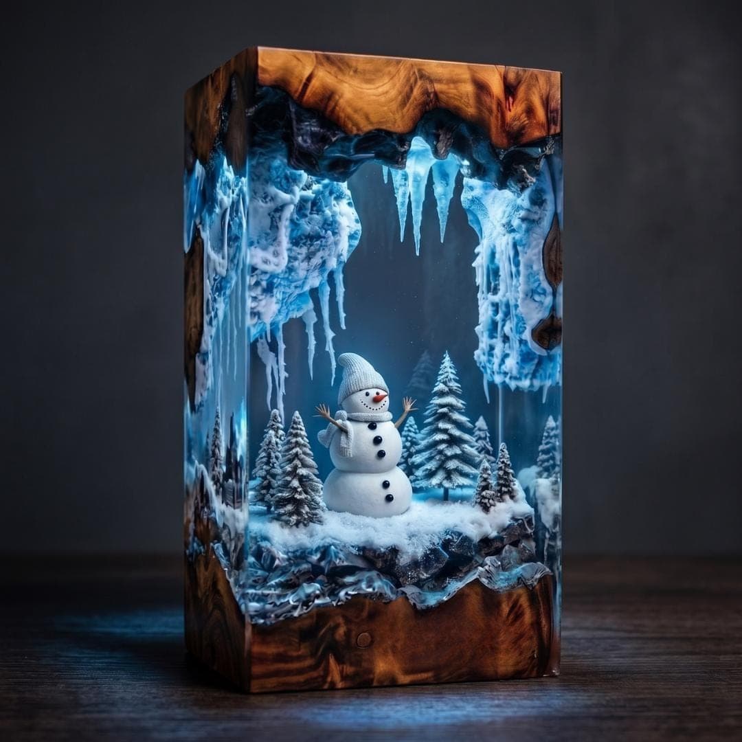 Handmade Snowman Winter Cave Resin Night Light