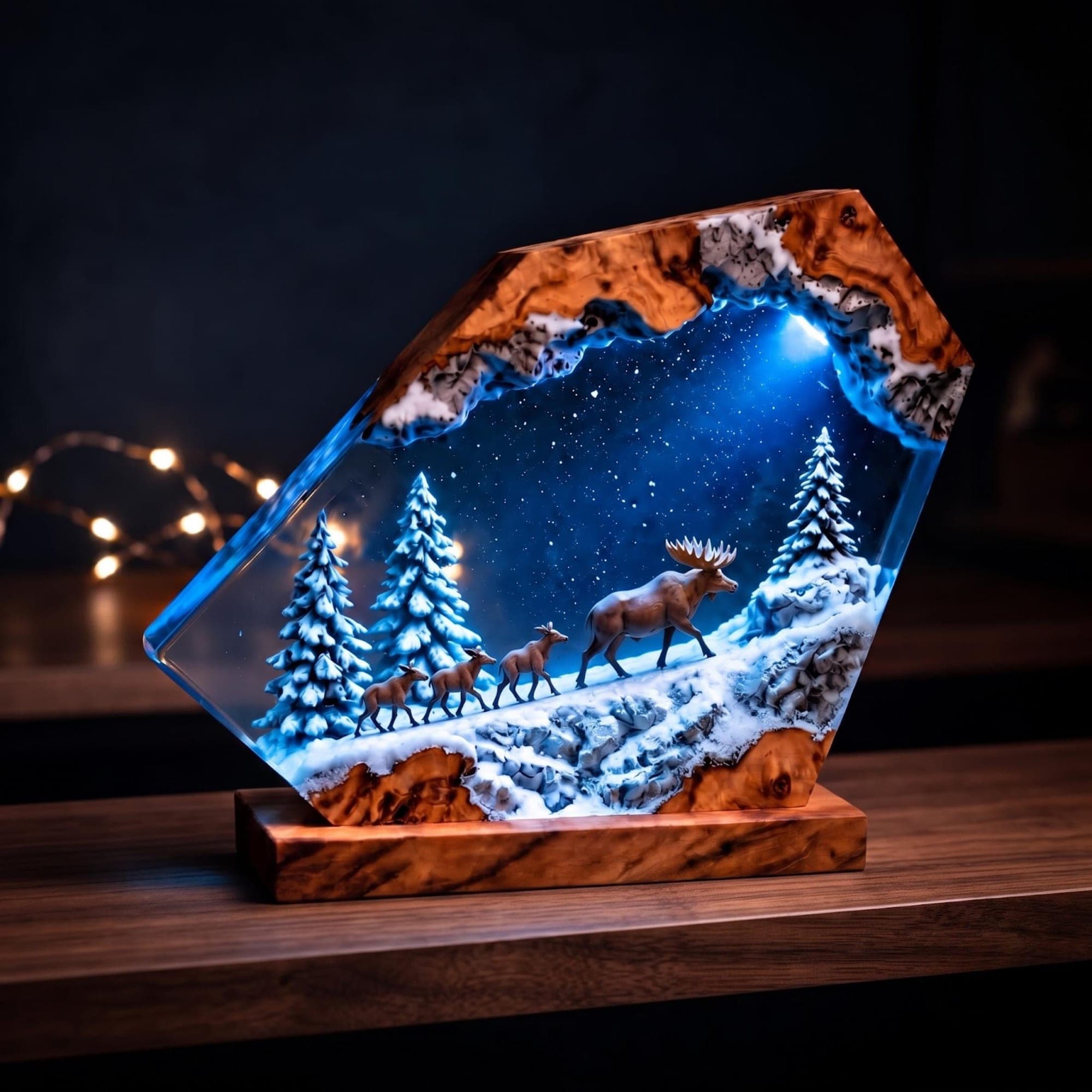 Winter Forest Moose and Deer Family Resin Night Light