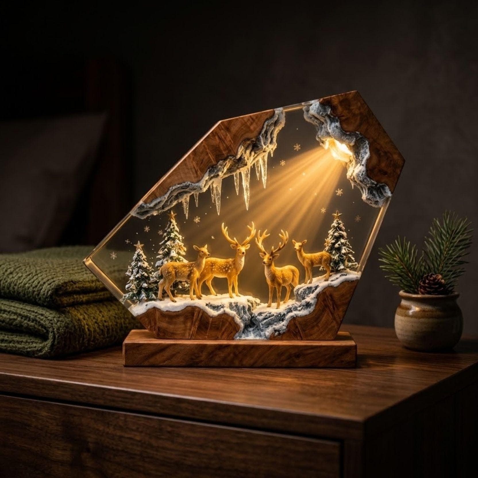 Winter Reindeer Forest Epoxy Resin Diorama Lamp