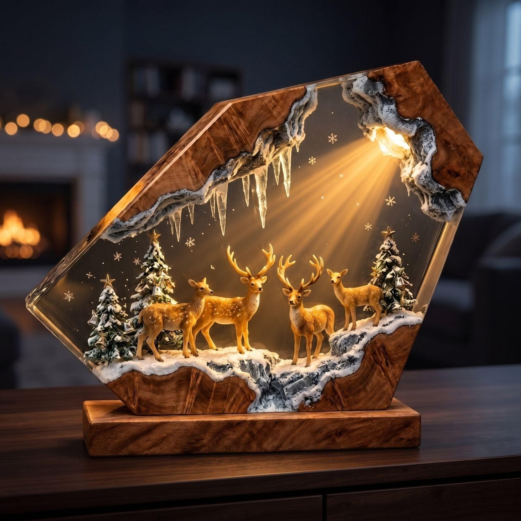 Winter Reindeer Forest Epoxy Resin Diorama Lamp
