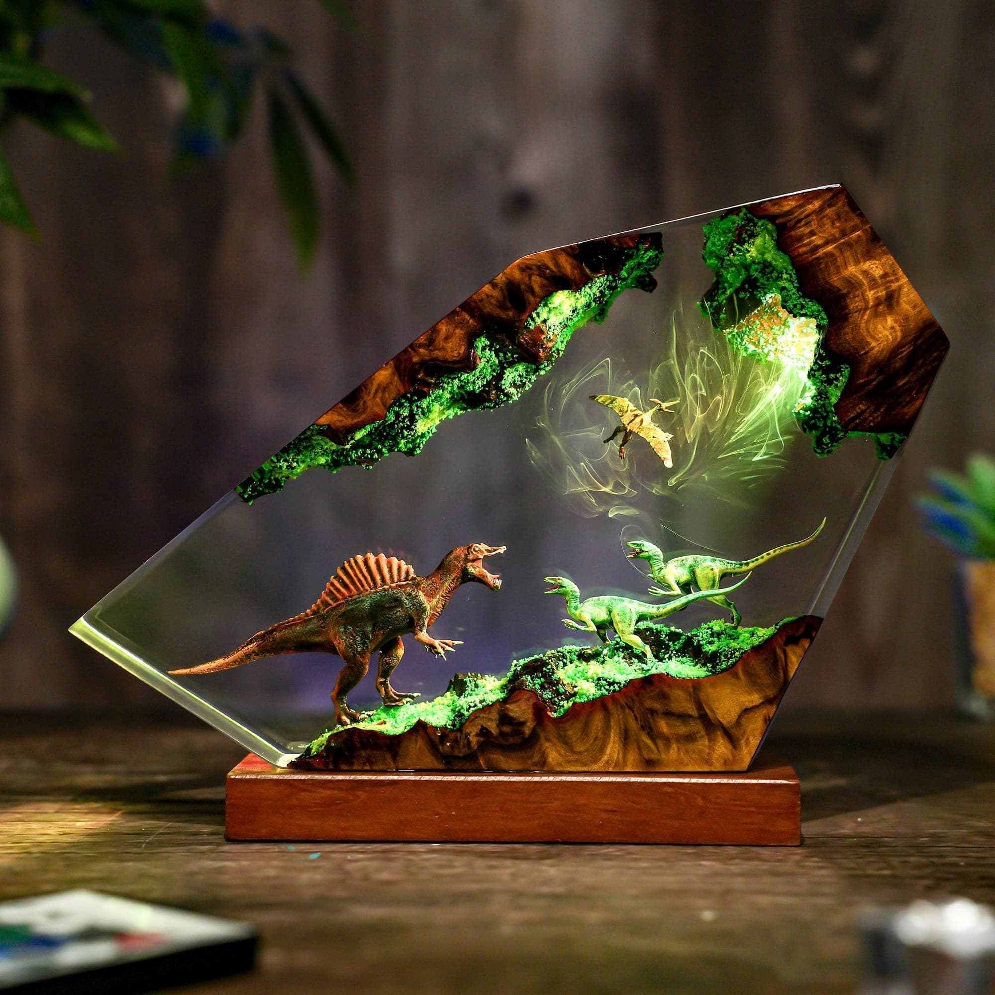 Epic Dinosaur Battle Epoxy Resin Lamp