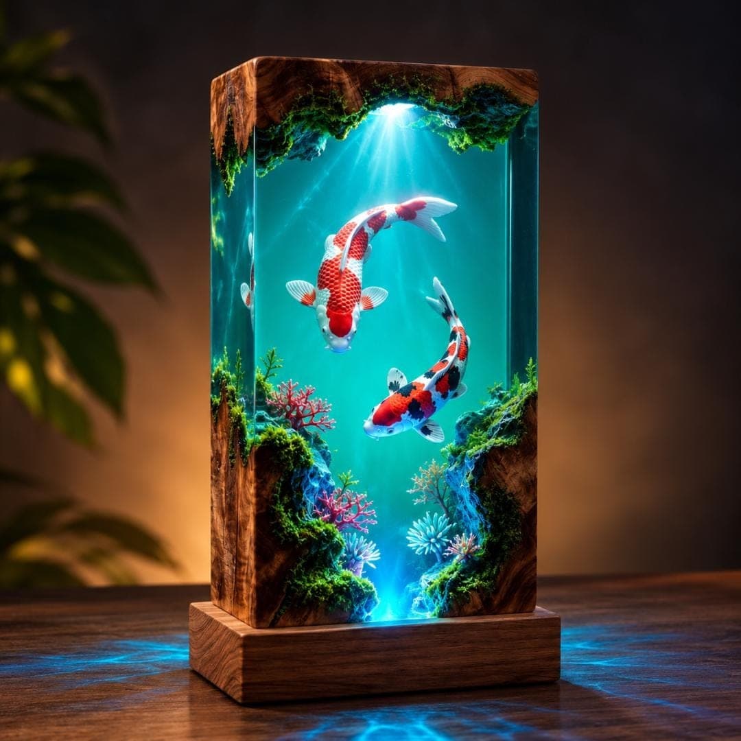 Twin Koi Fish Epoxy Resin Lamp with Underwater Wood Diorama