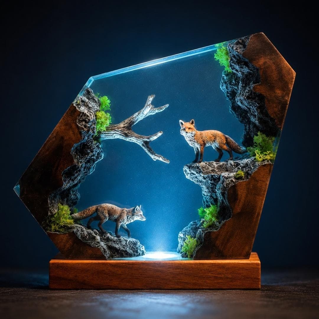 Red Fox Forest Diorama Resin Night Light
